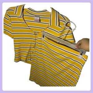 Yellow Gray & White Striped Button Up and Skirt Two Piece Set